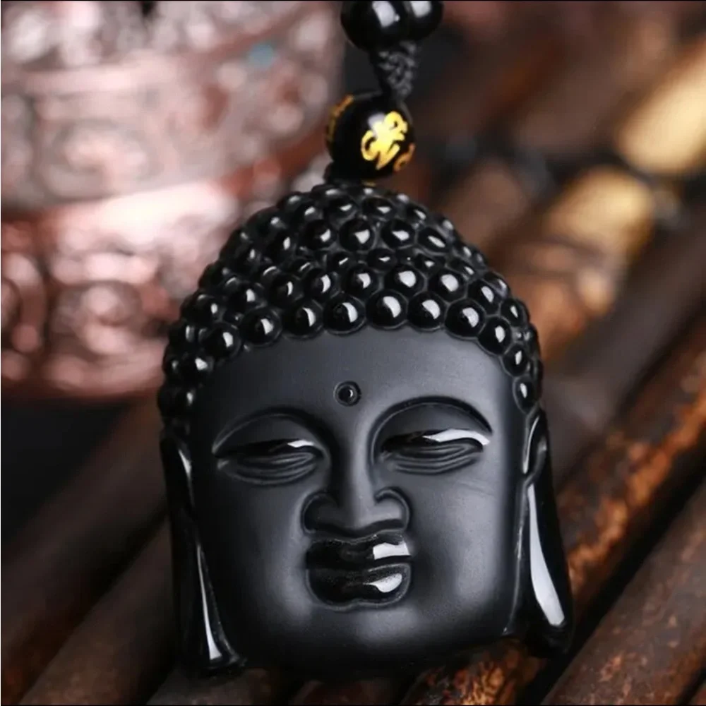 Bodhisattva carved obsidian necklace